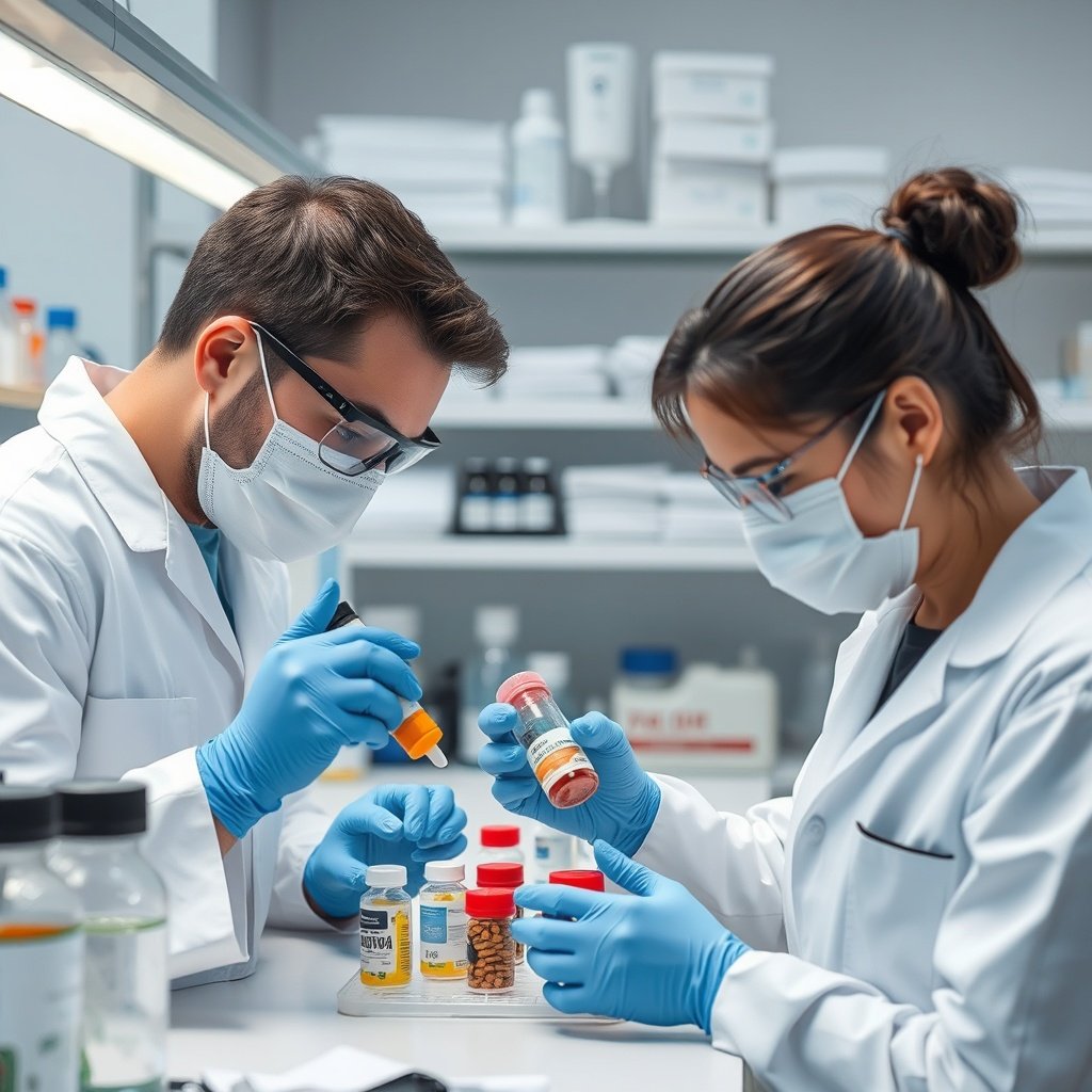 clinical laboratory photo of scientists examining supplement samples, clean medical environment