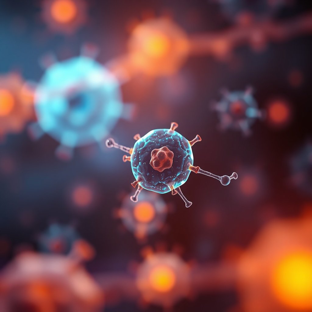 abstract scientific visualization of glowing metabolic cells activating, deep blue and warm amber to