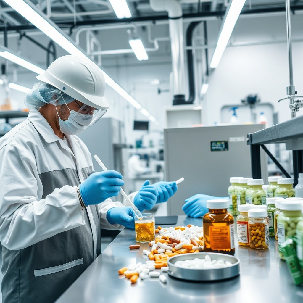 quality control testing of dietary supplements in a modern facility, professional industrial photogr